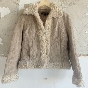 Y2K Suede Leather Jacket Embroidered Shearling Trim Cropped Penny Lane Coat M